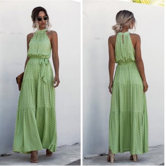 Dresses & Skirts - Green Polka Dot Tie Waist Maxi Dress